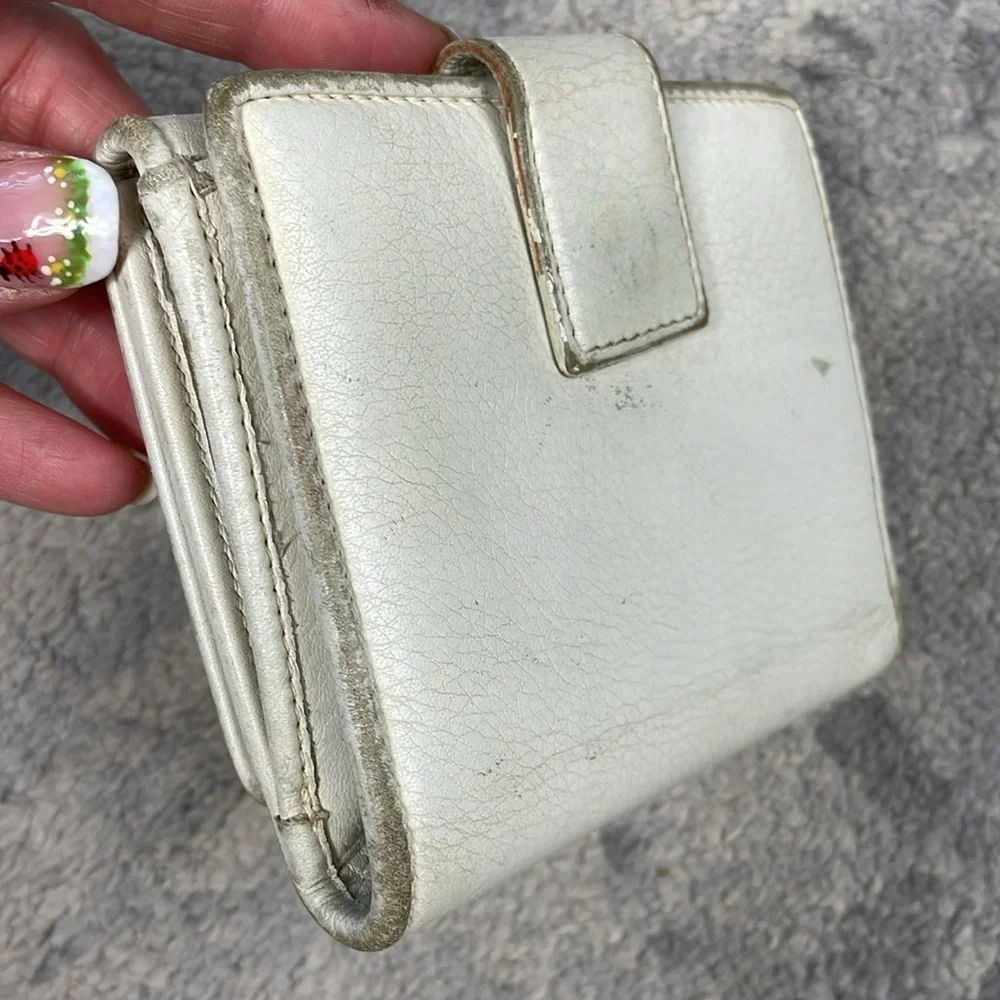 Vintage Christian Dior White Leather Compact Snap Wallet Floating Charm Logo